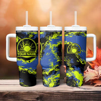 Abstract Blue and Yellow Bowling Ball Strike Design Tumbler With Handle with Custom Name Print - Wonder Print Shop