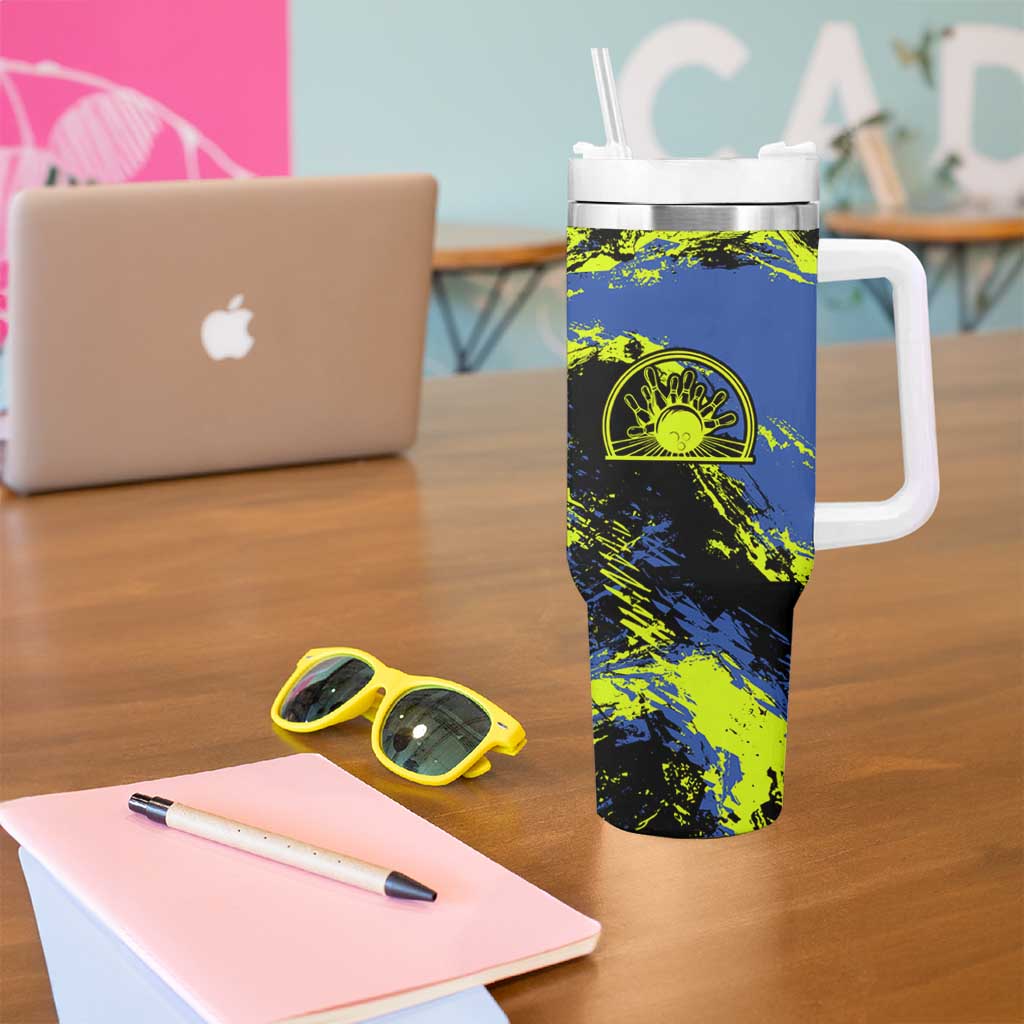 Abstract Blue and Yellow Bowling Ball Strike Design Tumbler With Handle with Custom Name Print - Wonder Print Shop
