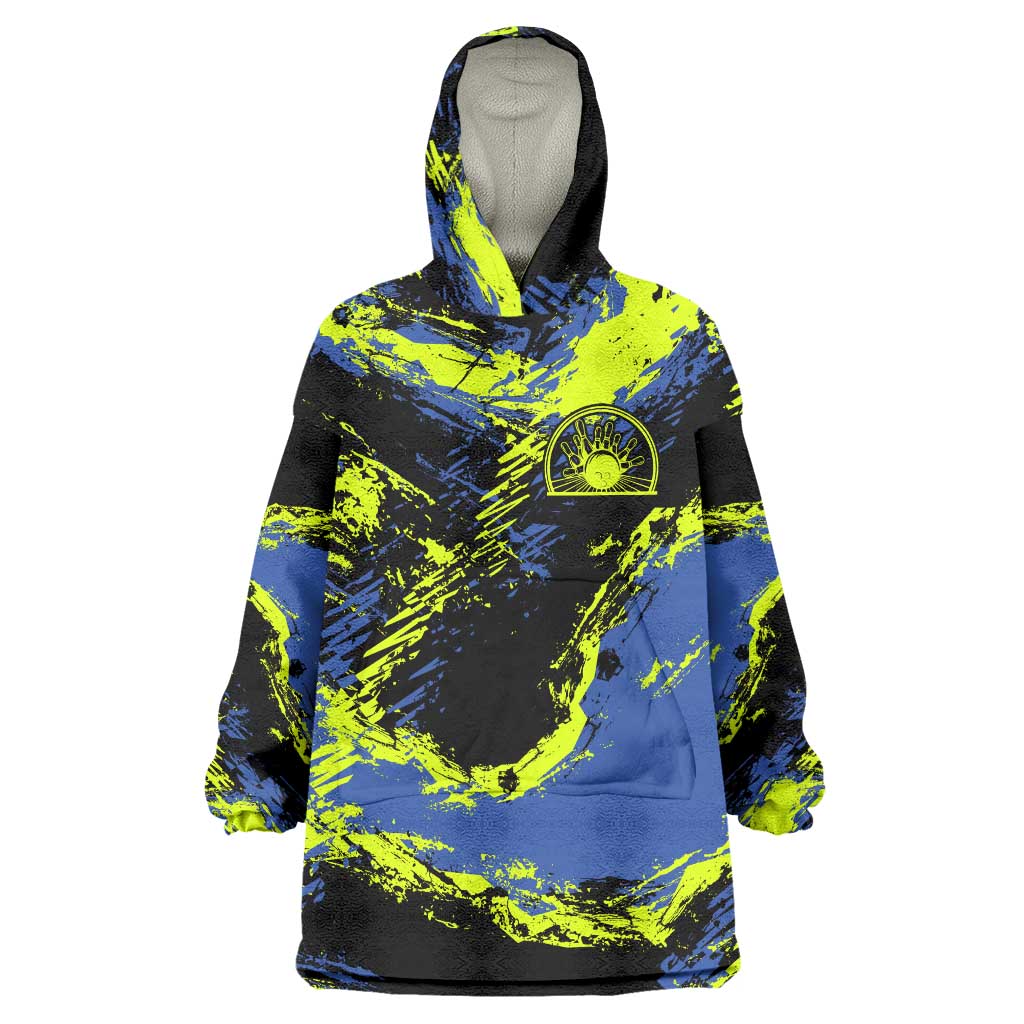 Abstract Blue and Yellow Bowling Ball Strike Design Wearable Blanket Hoodie with Custom Name Print - Wonder Print Shop