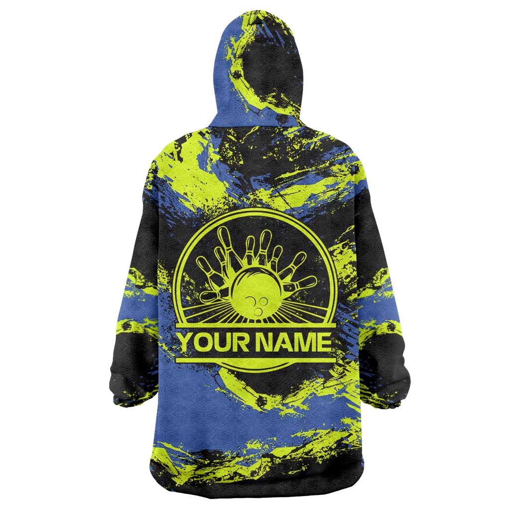 Abstract Blue and Yellow Bowling Ball Strike Design Wearable Blanket Hoodie with Custom Name Print - Wonder Print Shop