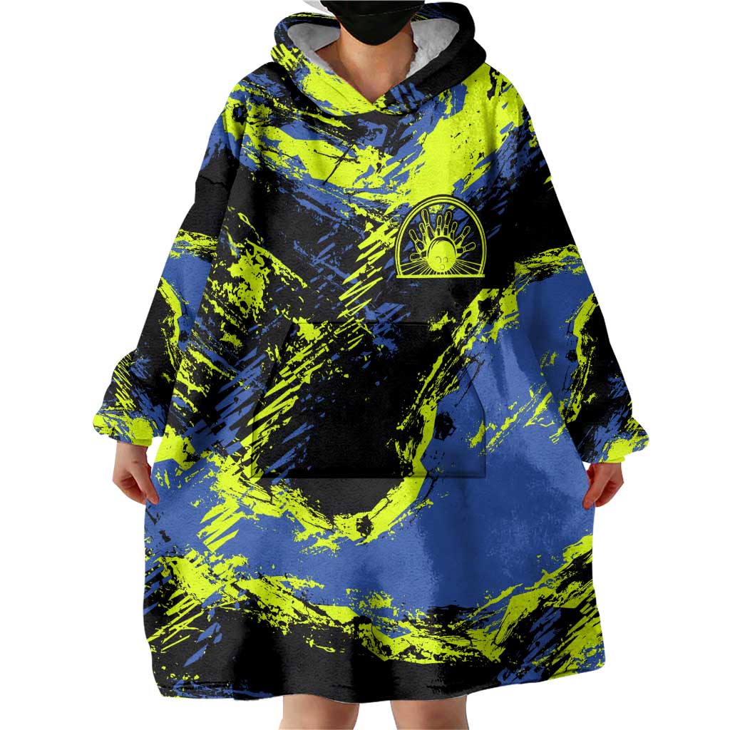 Abstract Blue and Yellow Bowling Ball Strike Design Wearable Blanket Hoodie with Custom Name Print - Wonder Print Shop