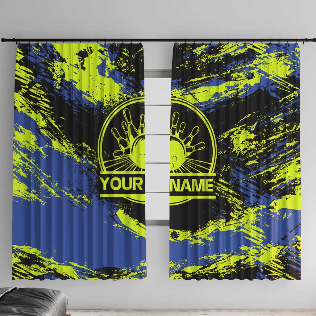 Abstract Blue and Yellow Bowling Ball Strike Design Window Curtain with Custom Name Print - Wonder Print Shop