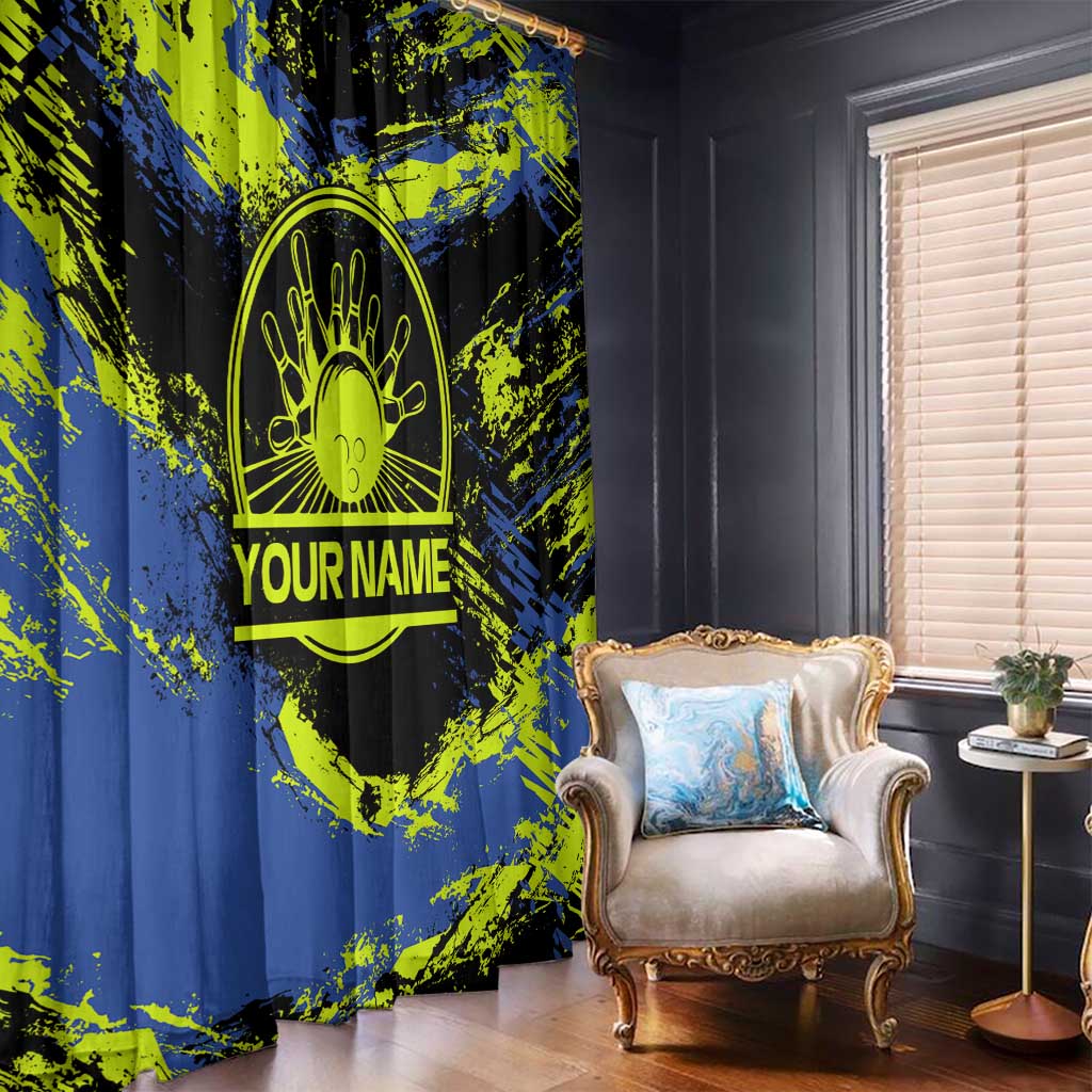 Abstract Blue and Yellow Bowling Ball Strike Design Window Curtain with Custom Name Print - Wonder Print Shop