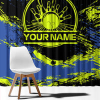 Abstract Blue and Yellow Bowling Ball Strike Design Window Curtain with Custom Name Print - Wonder Print Shop