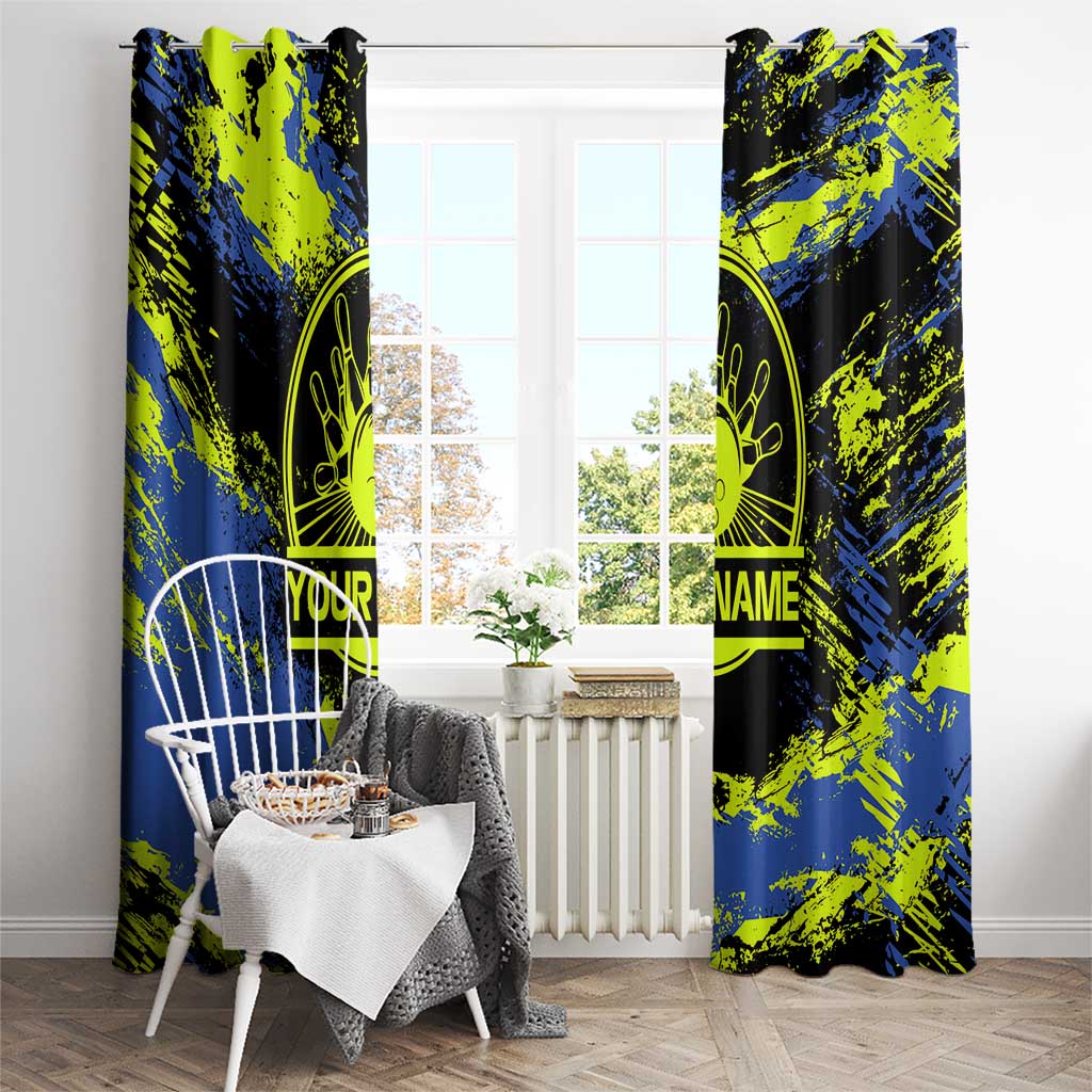 Abstract Blue and Yellow Bowling Ball Strike Design Window Curtain with Custom Name Print - Wonder Print Shop
