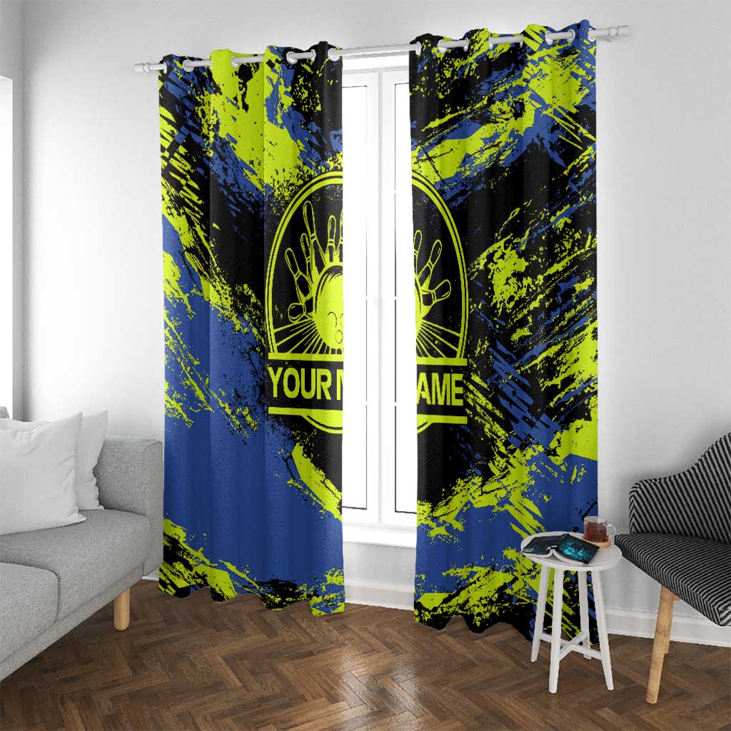 Abstract Blue and Yellow Bowling Ball Strike Design Window Curtain with Custom Name Print - Wonder Print Shop
