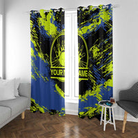 Abstract Blue and Yellow Bowling Ball Strike Design Window Curtain with Custom Name Print - Wonder Print Shop