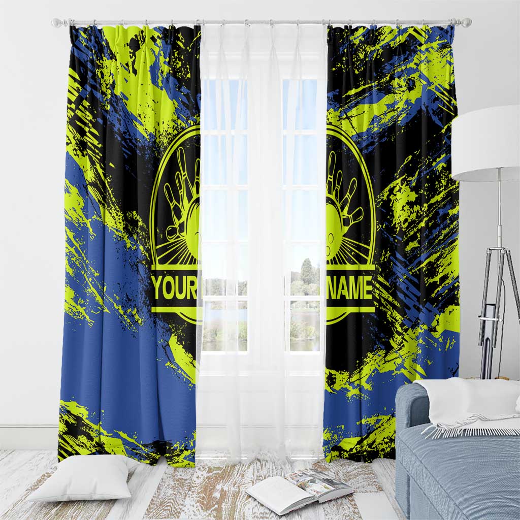 Abstract Blue and Yellow Bowling Ball Strike Design Window Curtain with Custom Name Print - Wonder Print Shop