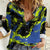 Abstract Blue and Yellow Bowling Ball Strike Design Women Casual Shirt with Custom Name Print - Wonder Print Shop