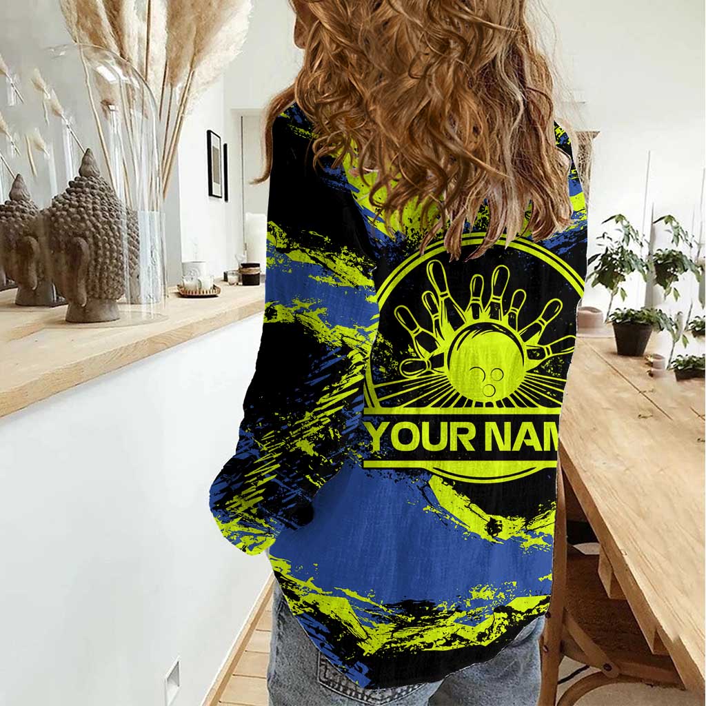 Abstract Blue and Yellow Bowling Ball Strike Design Women Casual Shirt with Custom Name Print - Wonder Print Shop