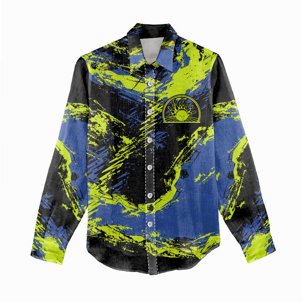 Abstract Blue and Yellow Bowling Ball Strike Design Women Casual Shirt with Custom Name Print - Wonder Print Shop