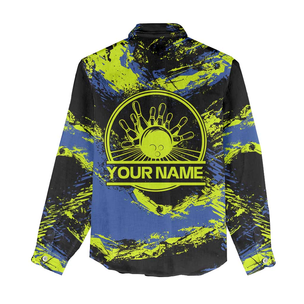 Abstract Blue and Yellow Bowling Ball Strike Design Women Casual Shirt with Custom Name Print - Wonder Print Shop