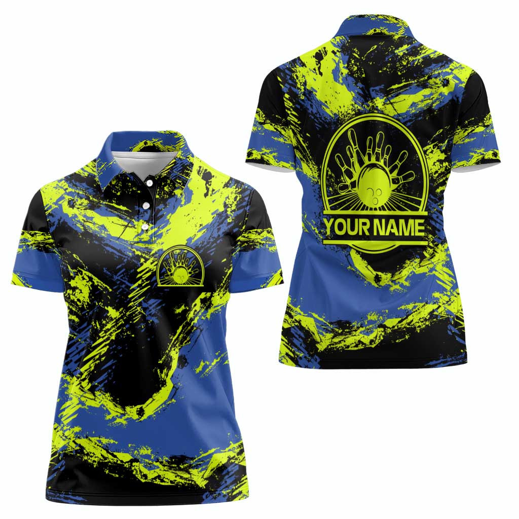 Abstract Blue and Yellow Bowling Ball Strike Design Women Polo Shirt with Custom Name Print - Wonder Print Shop