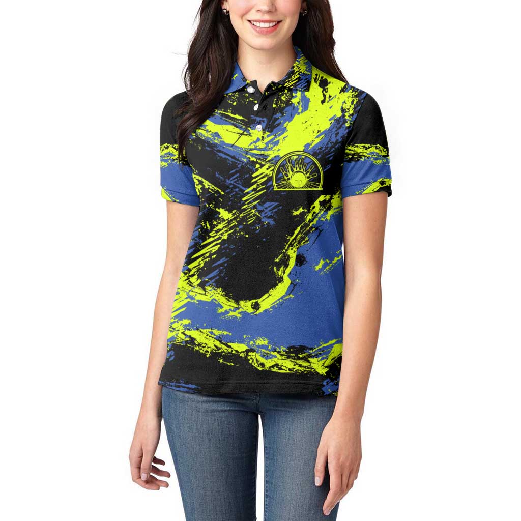 Abstract Blue and Yellow Bowling Ball Strike Design Women Polo Shirt with Custom Name Print - Wonder Print Shop