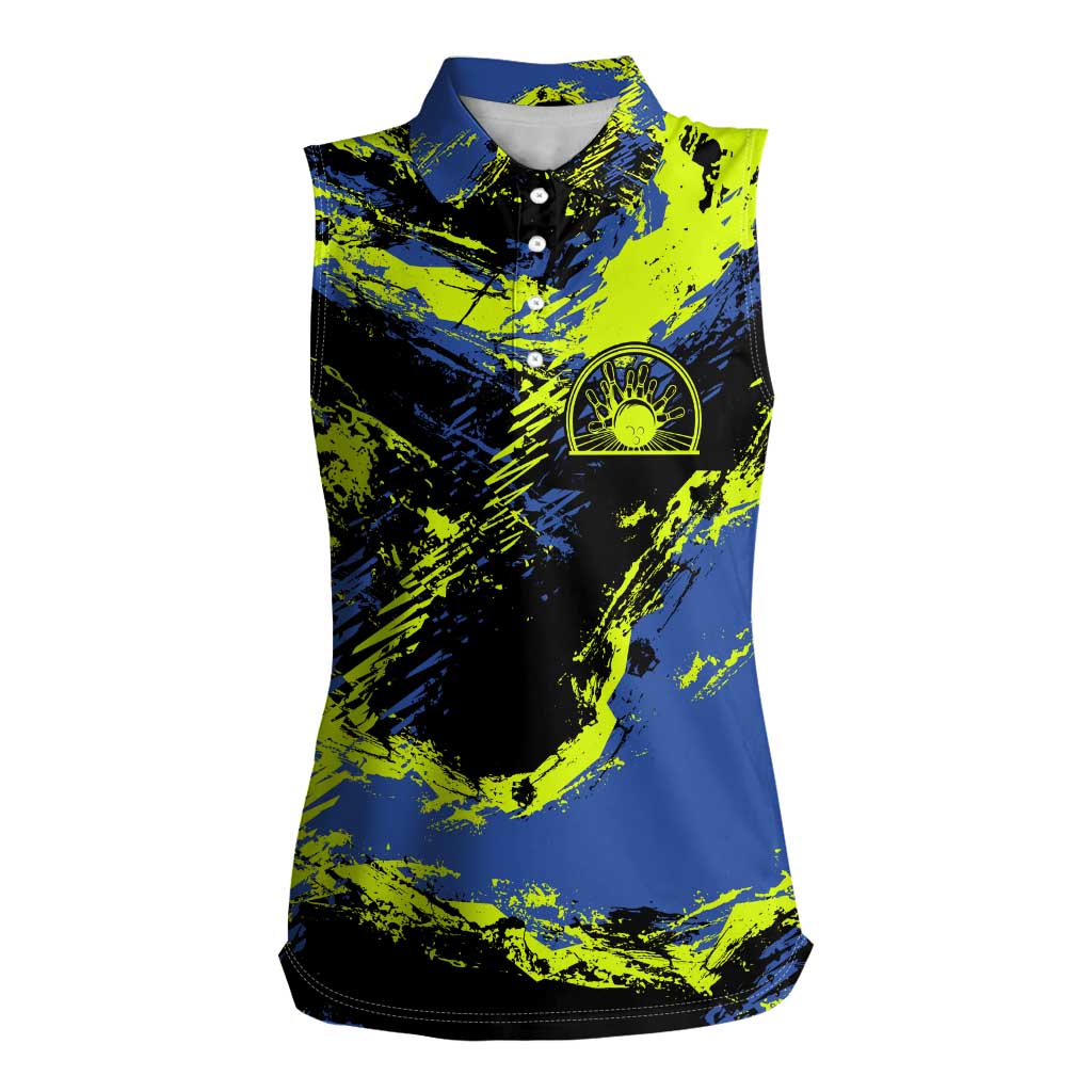 Abstract Blue and Yellow Bowling Ball Strike Design Women Sleeveless Polo Shirt with Custom Name Print - Wonder Print Shop