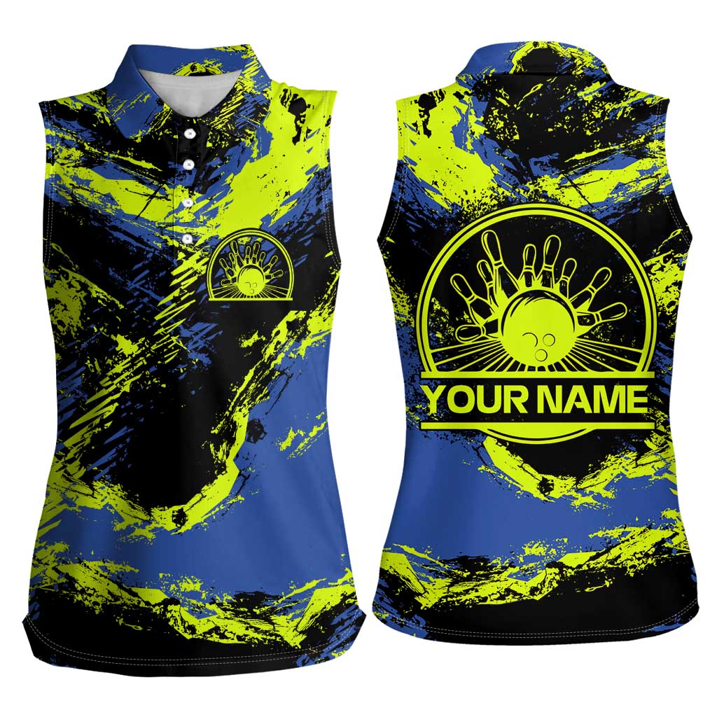 Abstract Blue and Yellow Bowling Ball Strike Design Women Sleeveless Polo Shirt with Custom Name Print - Wonder Print Shop