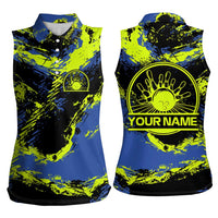 Abstract Blue and Yellow Bowling Ball Strike Design Women Sleeveless Polo Shirt with Custom Name Print - Wonder Print Shop
