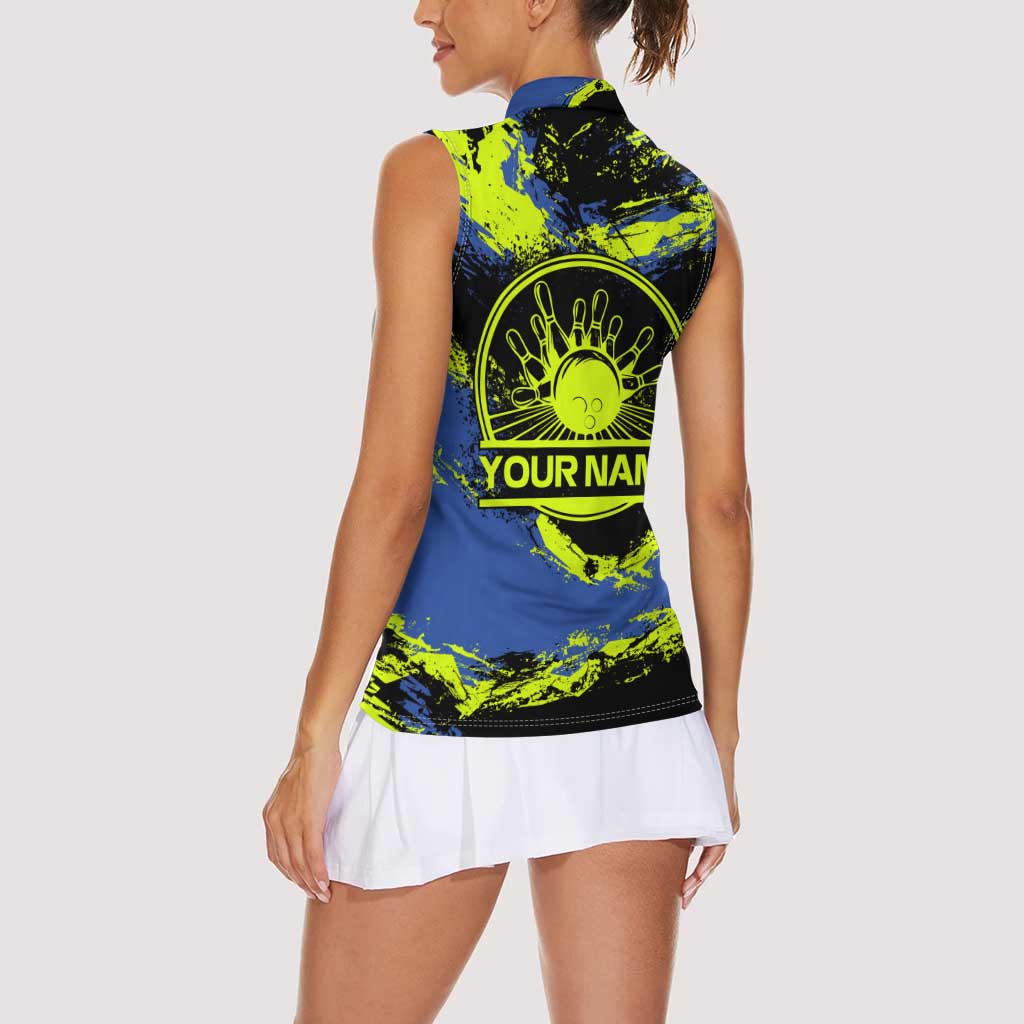 Abstract Blue and Yellow Bowling Ball Strike Design Women Sleeveless Polo Shirt with Custom Name Print - Wonder Print Shop