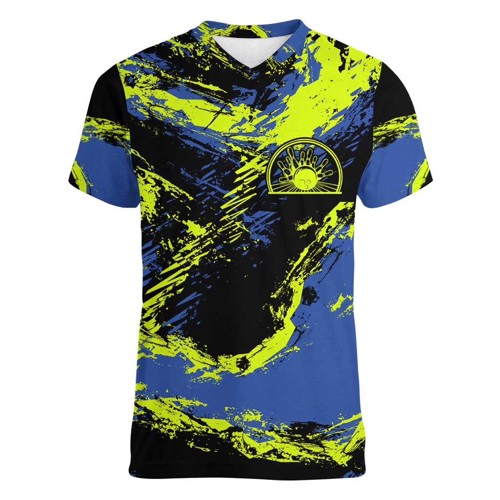 Abstract Blue and Yellow Bowling Ball Strike Design Women V-Neck T-Shirt with Custom Name Print - Wonder Print Shop