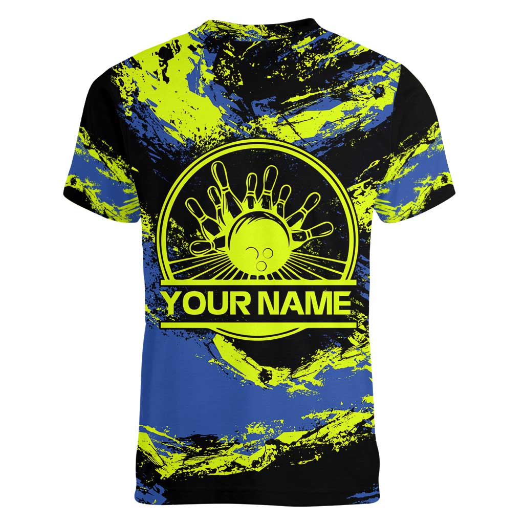 Abstract Blue and Yellow Bowling Ball Strike Design Women V-Neck T-Shirt with Custom Name Print - Wonder Print Shop