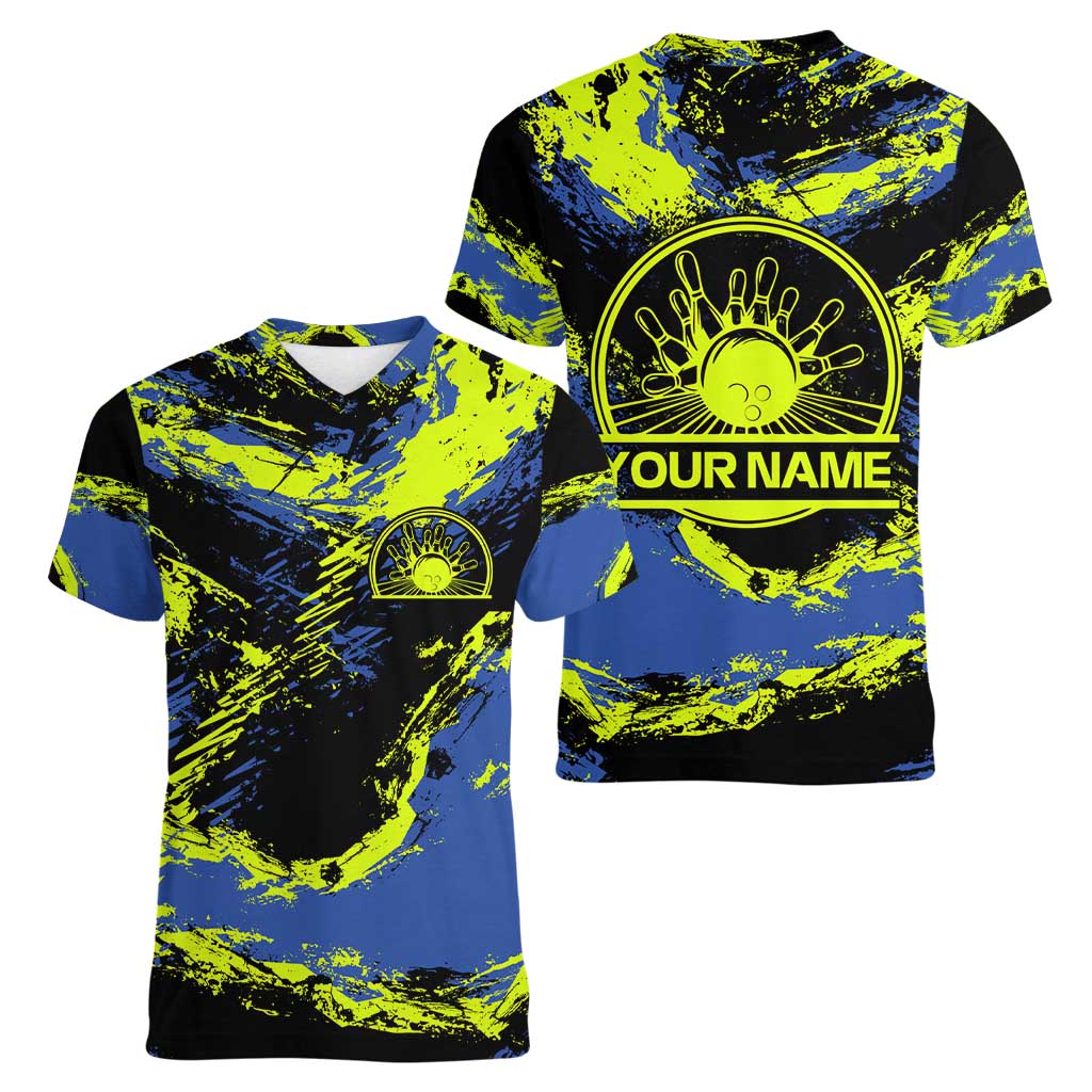 Abstract Blue and Yellow Bowling Ball Strike Design Women V-Neck T-Shirt with Custom Name Print - Wonder Print Shop