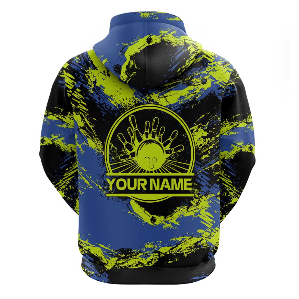 Abstract Blue and Yellow Bowling Ball Strike Design Zip Hoodie with Custom Name Print - Wonder Print Shop