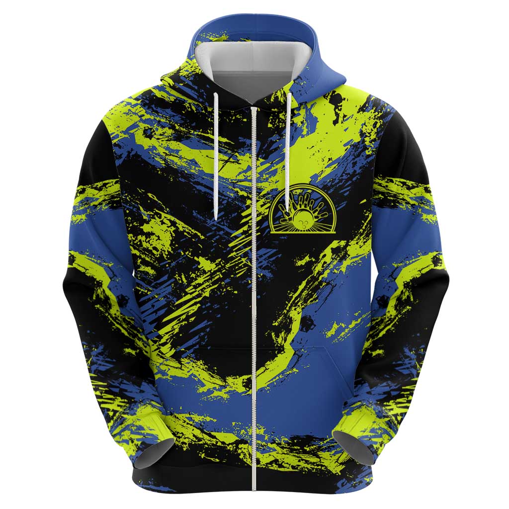 Abstract Blue and Yellow Bowling Ball Strike Design Zip Hoodie with Custom Name Print - Wonder Print Shop