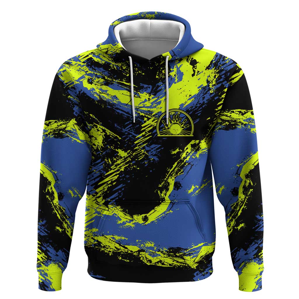 Abstract Blue and Yellow Bowling Ball Strike Design Zip Hoodie with Custom Name Print - Wonder Print Shop