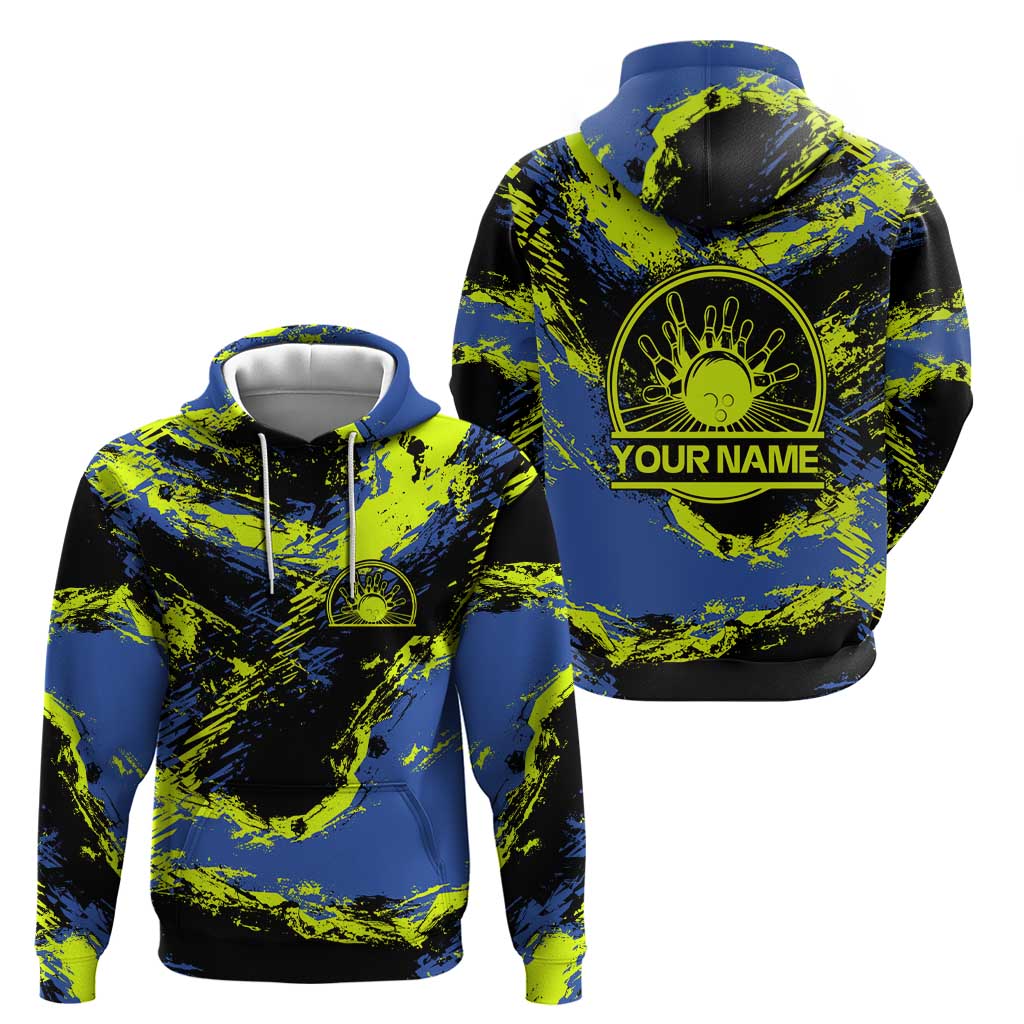 Abstract Blue and Yellow Bowling Ball Strike Design Zip Hoodie with Custom Name Print - Wonder Print Shop