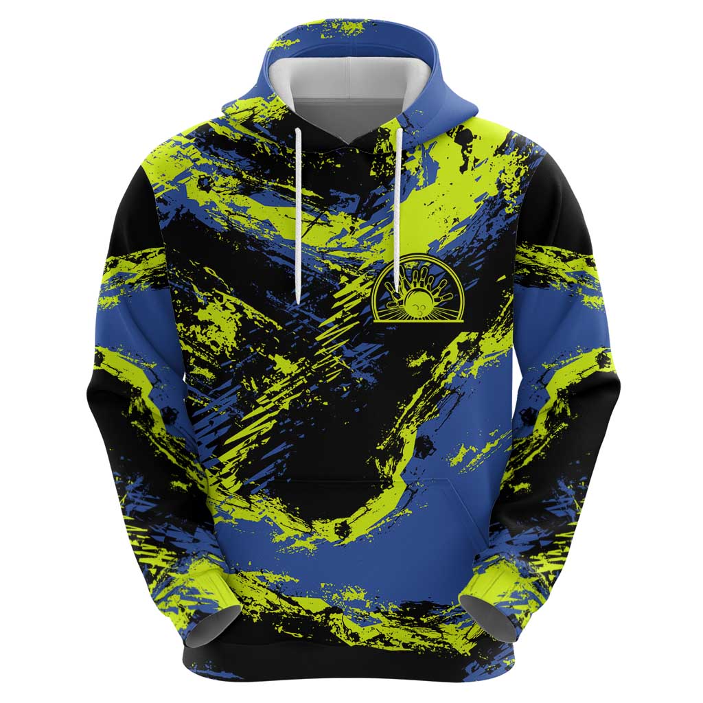 Abstract Blue and Yellow Bowling Ball Strike Design Zip Hoodie with Custom Name Print - Wonder Print Shop