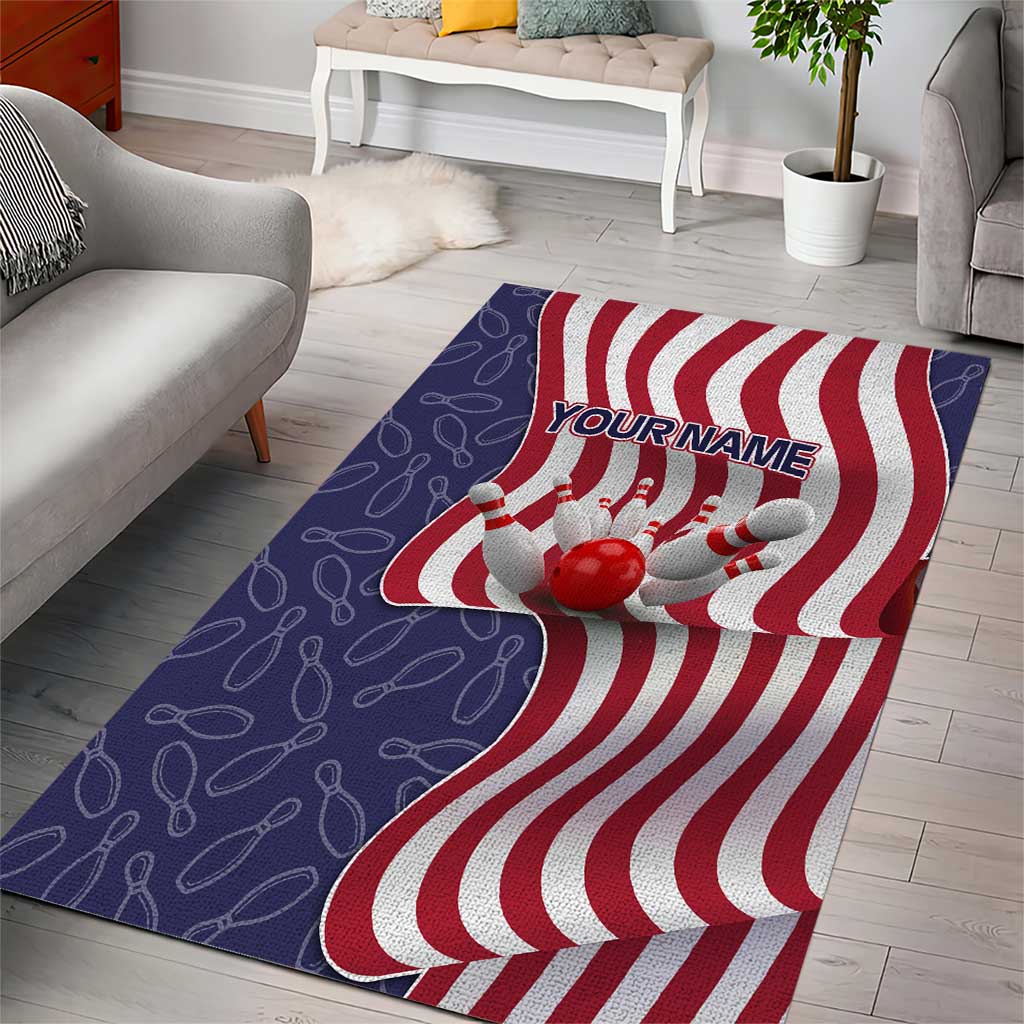 American Flag Bowling Pin Strike Graphic Area Rug with Custom Name and Pattern Background - Wonder Print Shop