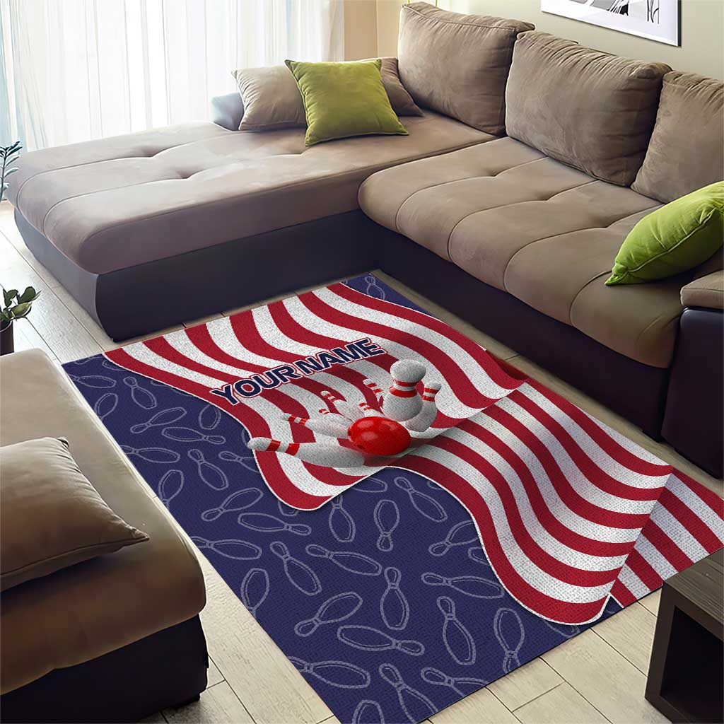 American Flag Bowling Pin Strike Graphic Area Rug with Custom Name and Pattern Background - Wonder Print Shop