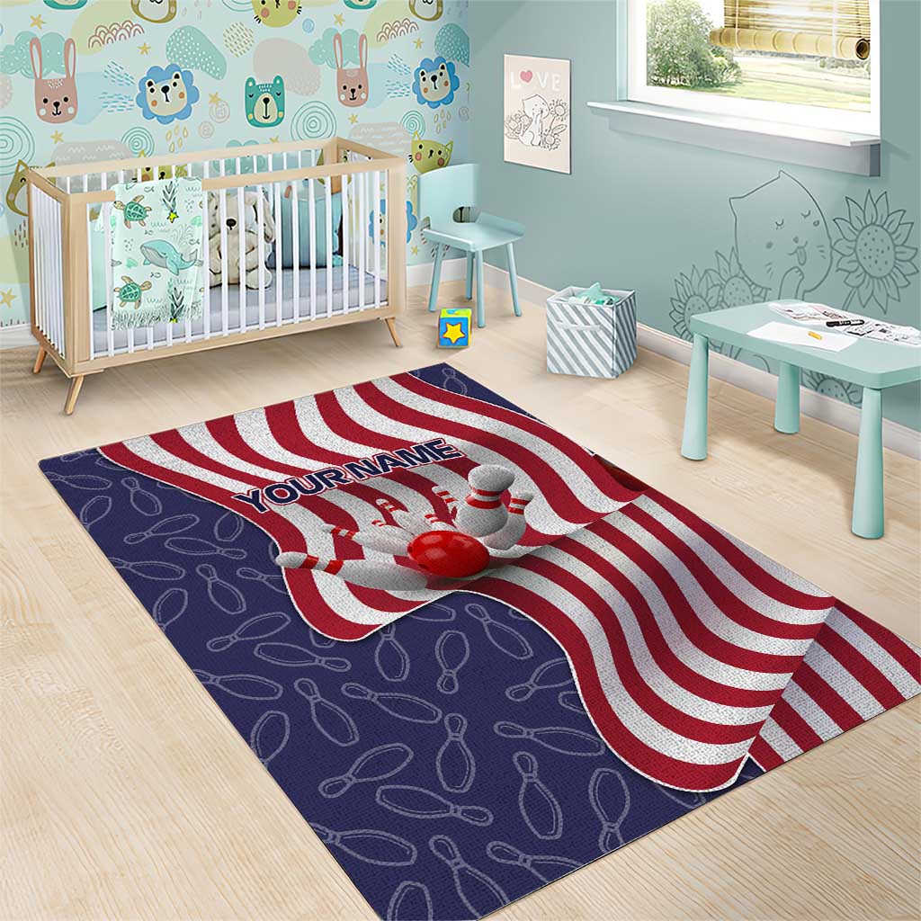 American Flag Bowling Pin Strike Graphic Area Rug with Custom Name and Pattern Background - Wonder Print Shop