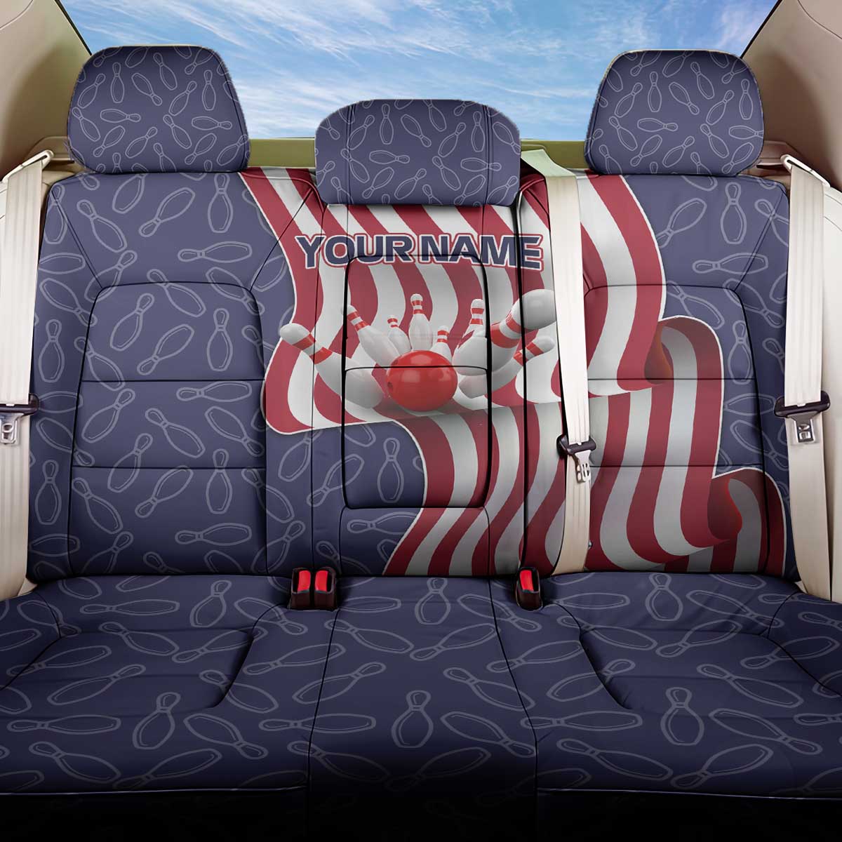 American Flag Bowling Pin Strike Graphic Back Car Seat Cover with Custom Name and Pattern Background - Wonder Print Shop