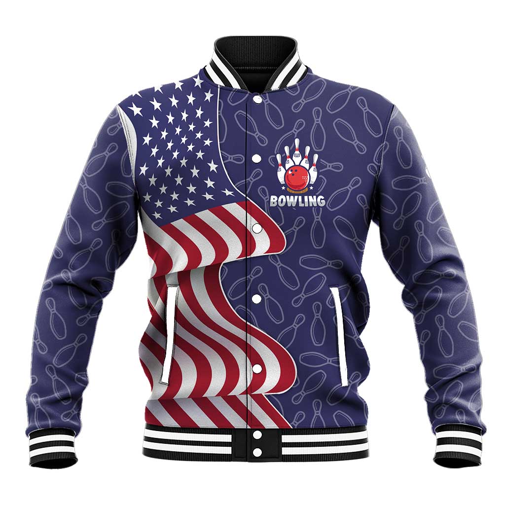 American Flag Bowling Pin Strike Graphic Baseball Jacket with Custom Name and Pattern Background - Wonder Print Shop