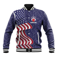 American Flag Bowling Pin Strike Graphic Baseball Jacket with Custom Name and Pattern Background - Wonder Print Shop