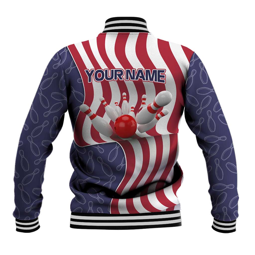 American Flag Bowling Pin Strike Graphic Baseball Jacket with Custom Name and Pattern Background - Wonder Print Shop
