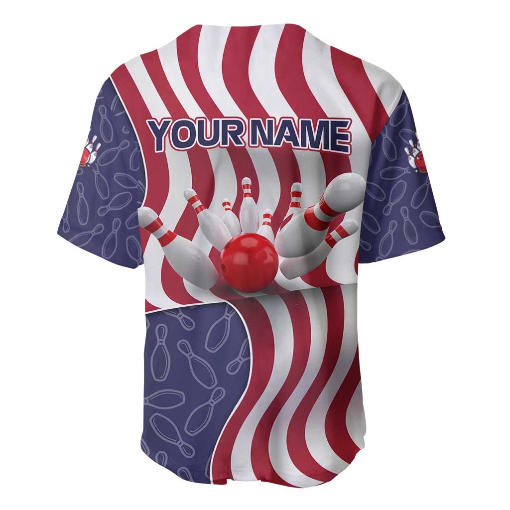 American Flag Bowling Pin Strike Graphic Baseball Jersey with Custom Name and Pattern Background - Wonder Print Shop