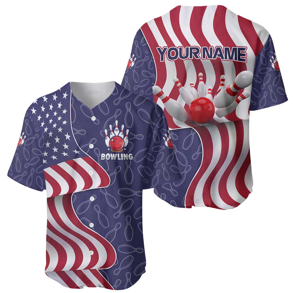 American Flag Bowling Pin Strike Graphic Baseball Jersey with Custom Name and Pattern Background - Wonder Print Shop