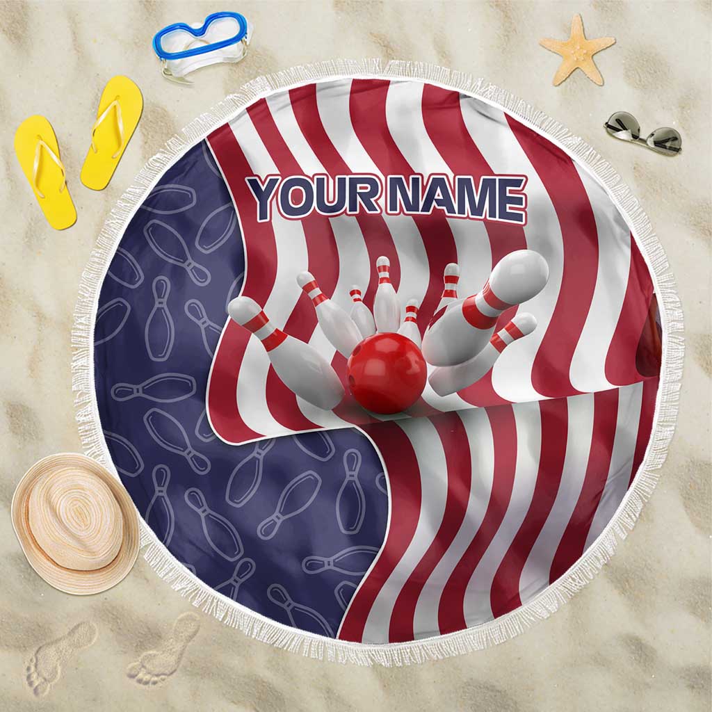 American Flag Bowling Pin Strike Graphic Beach Blanket with Custom Name and Pattern Background - Wonder Print Shop