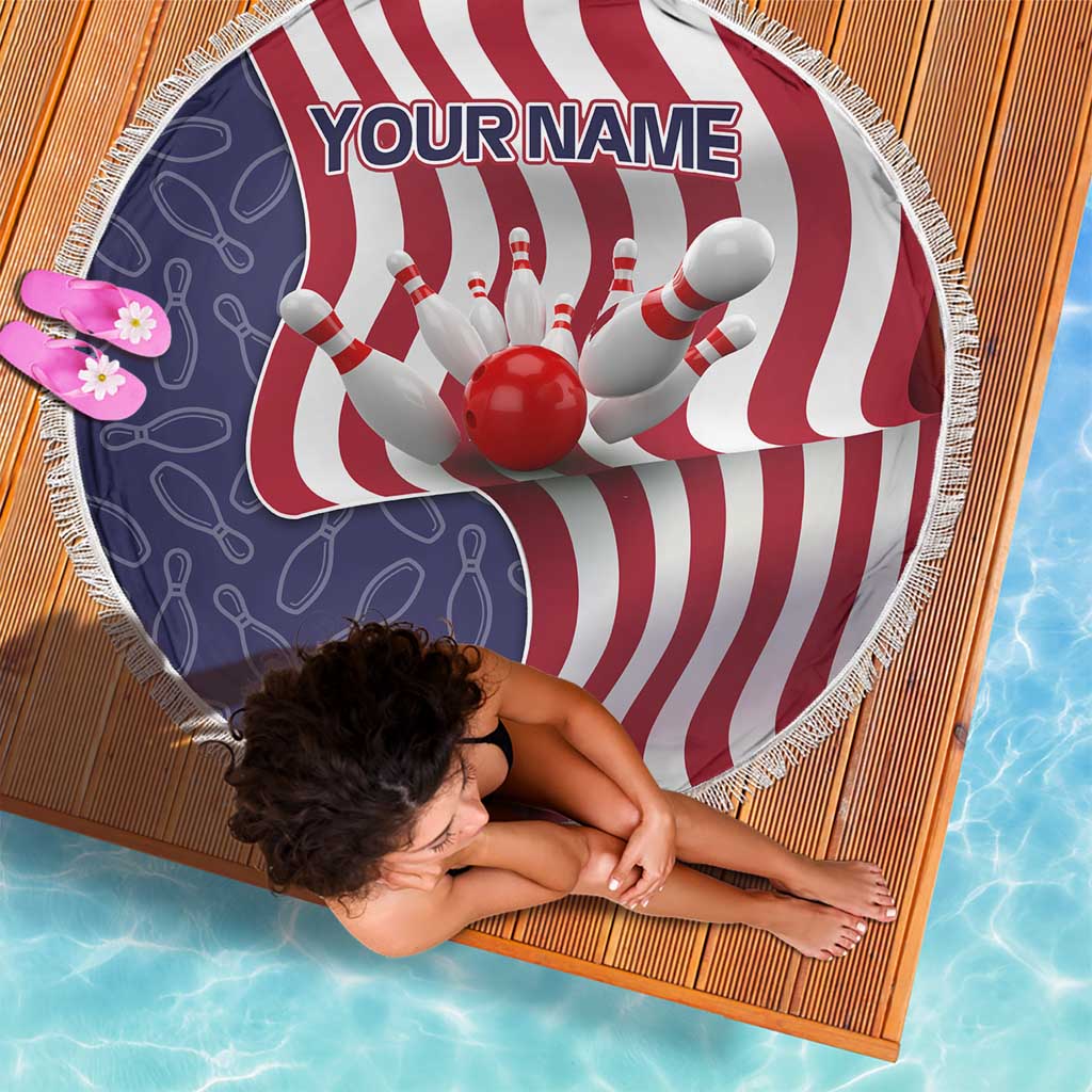 American Flag Bowling Pin Strike Graphic Beach Blanket with Custom Name and Pattern Background - Wonder Print Shop