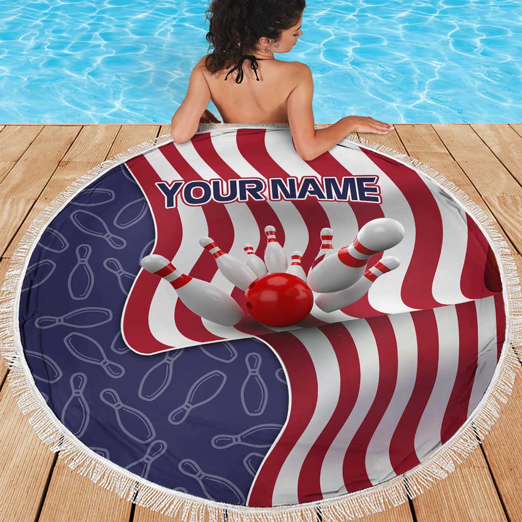American Flag Bowling Pin Strike Graphic Beach Blanket with Custom Name and Pattern Background - Wonder Print Shop