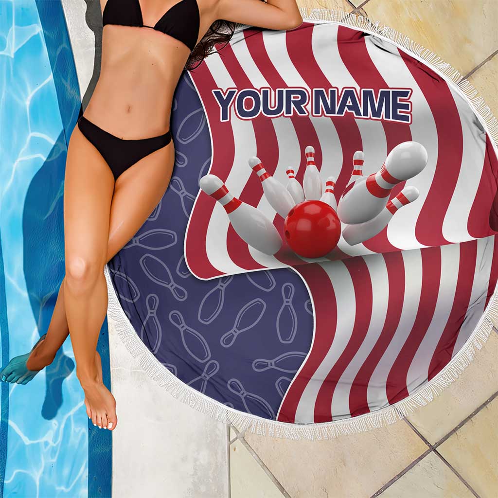 American Flag Bowling Pin Strike Graphic Beach Blanket with Custom Name and Pattern Background - Wonder Print Shop