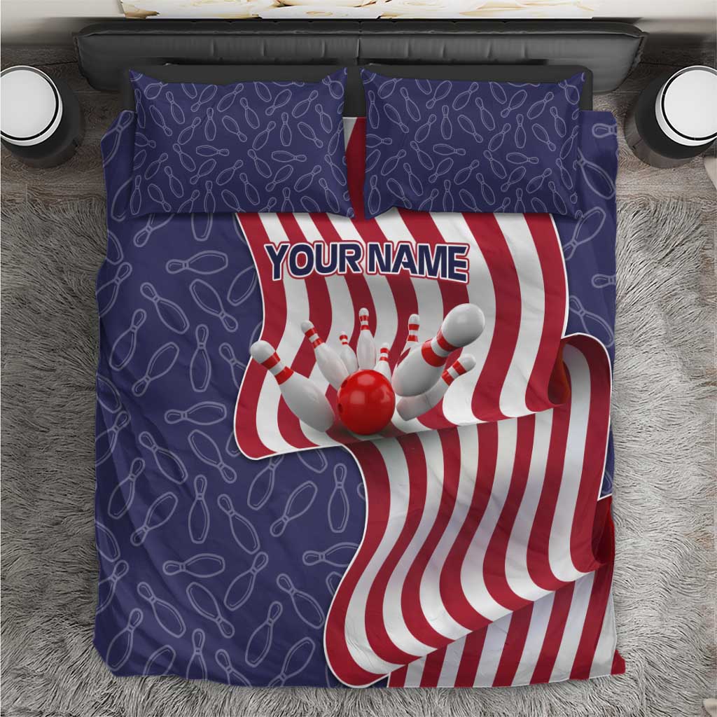 American Flag Bowling Pin Strike Graphic Bedding Set with Custom Name and Pattern Background - Wonder Print Shop