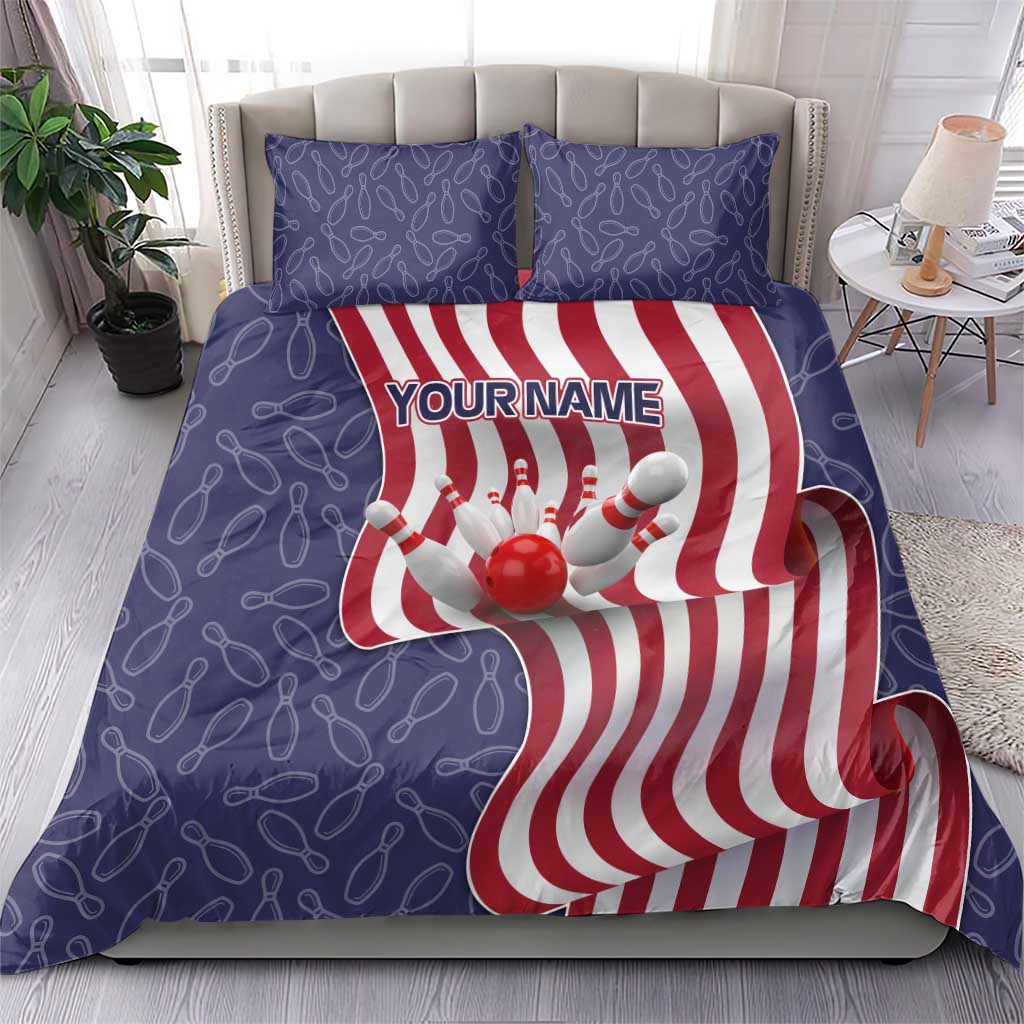 American Flag Bowling Pin Strike Graphic Bedding Set with Custom Name and Pattern Background - Wonder Print Shop