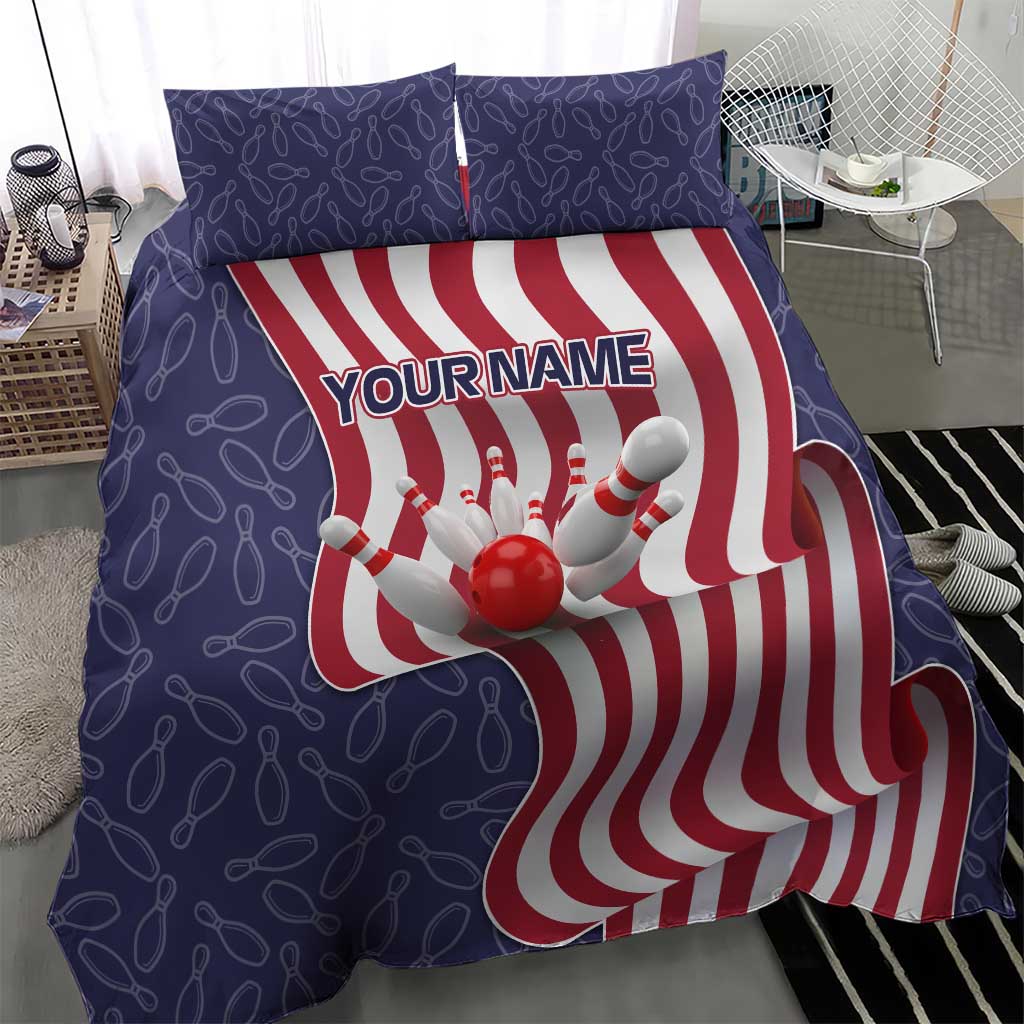 American Flag Bowling Pin Strike Graphic Bedding Set with Custom Name and Pattern Background - Wonder Print Shop