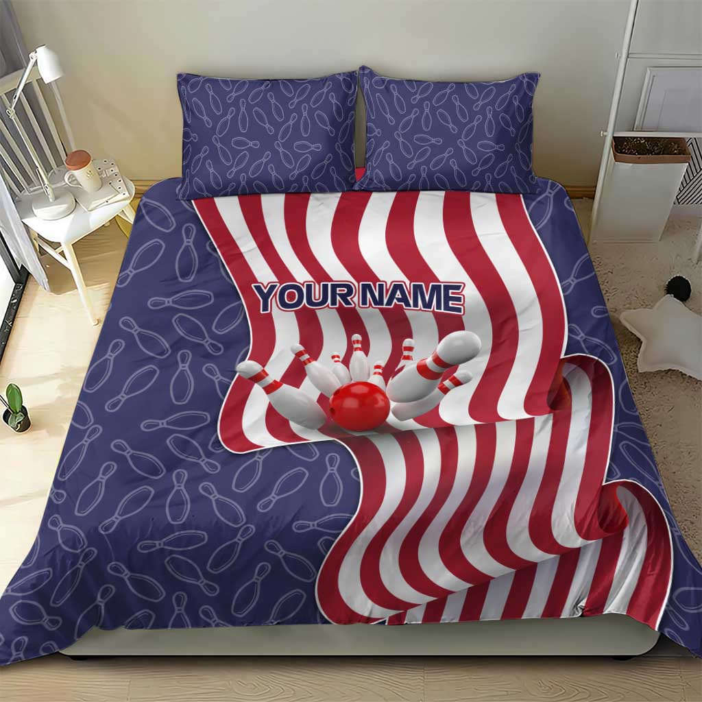 American Flag Bowling Pin Strike Graphic Bedding Set with Custom Name and Pattern Background - Wonder Print Shop