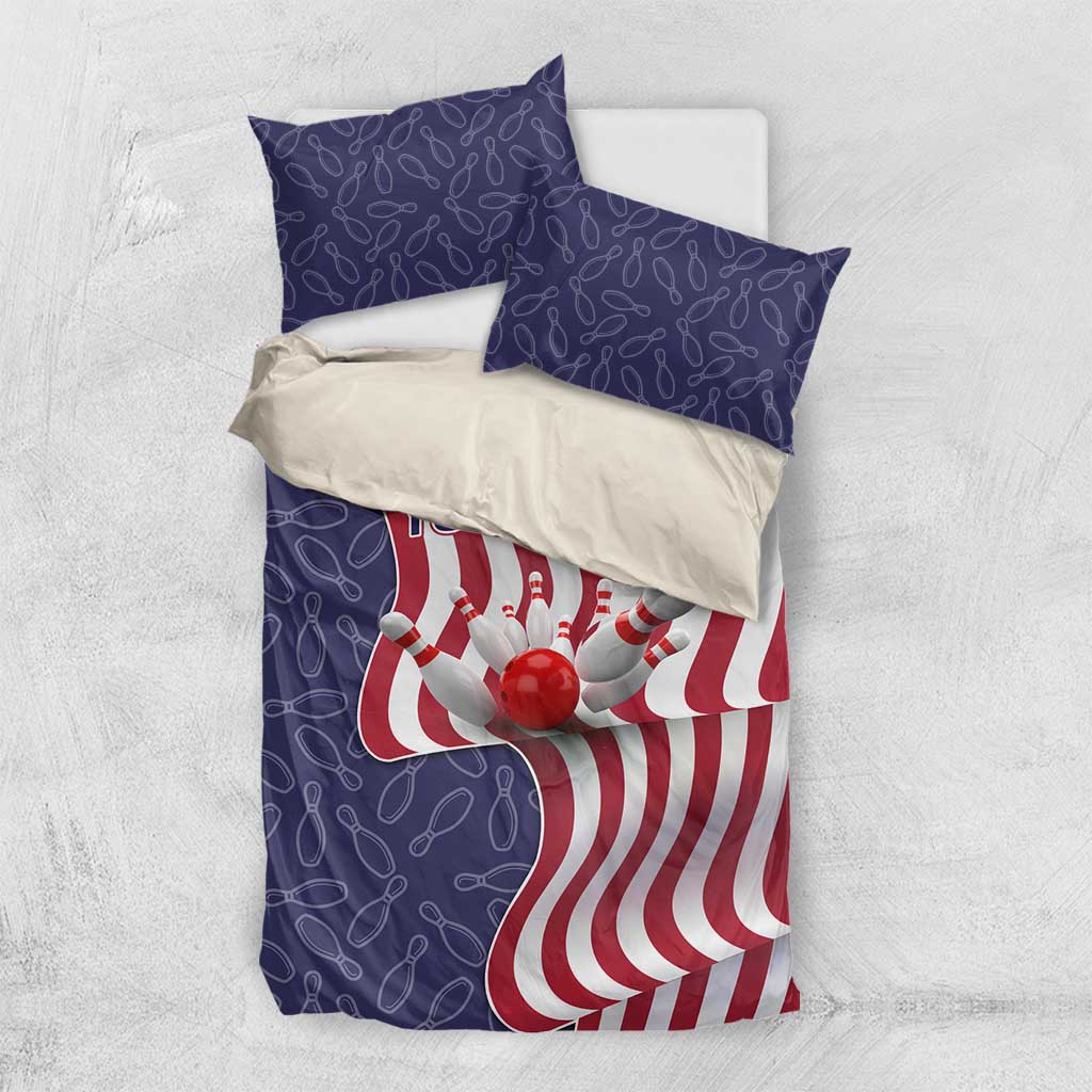 American Flag Bowling Pin Strike Graphic Bedding Set with Custom Name and Pattern Background - Wonder Print Shop