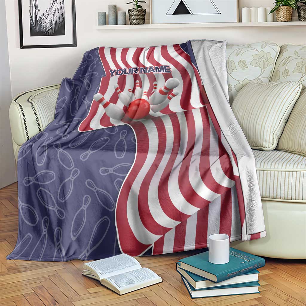 American Flag Bowling Pin Strike Graphic Blanket with Custom Name and Pattern Background - Wonder Print Shop