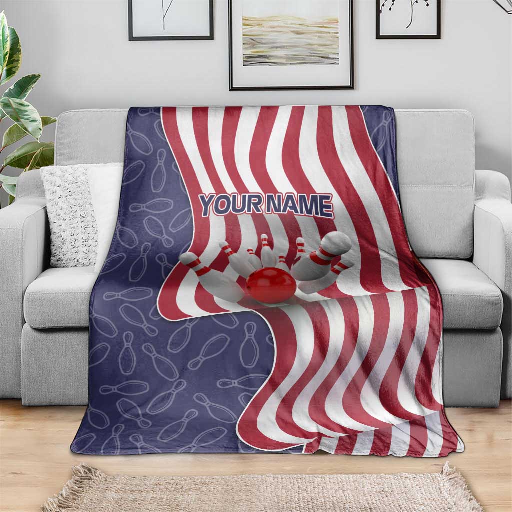 American Flag Bowling Pin Strike Graphic Blanket with Custom Name and Pattern Background - Wonder Print Shop